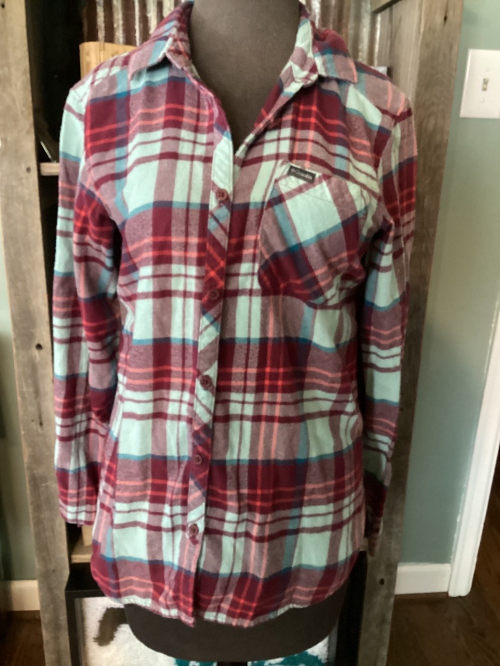 Columbia maroon plaid button up ladies small